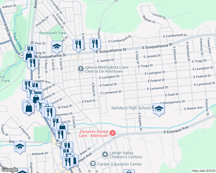 map of restaurants, bars, coffee shops, grocery stores, and more near 146 East Federal Street in Allentown