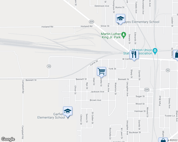 map of restaurants, bars, coffee shops, grocery stores, and more near 184 Nye Street in Marion