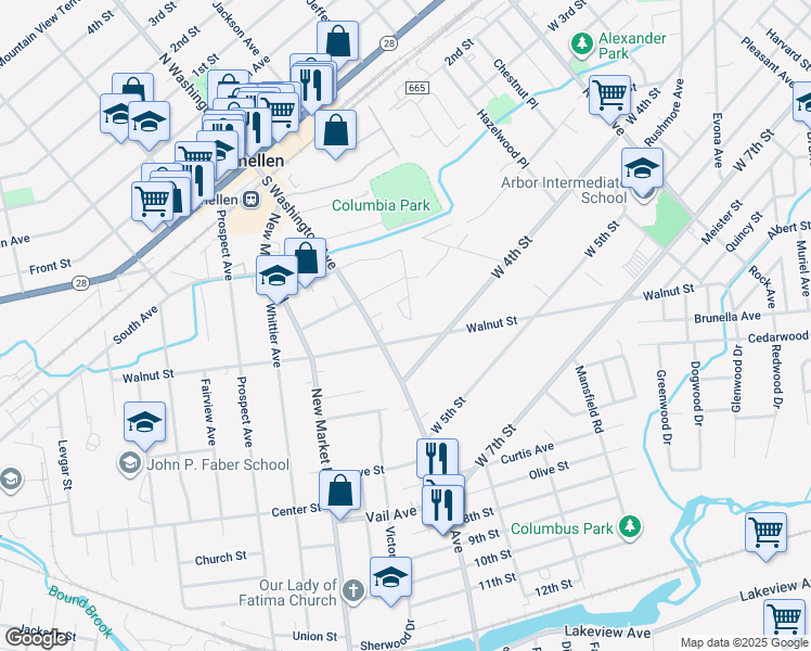map of restaurants, bars, coffee shops, grocery stores, and more near 283 Maple Avenue in Dunellen
