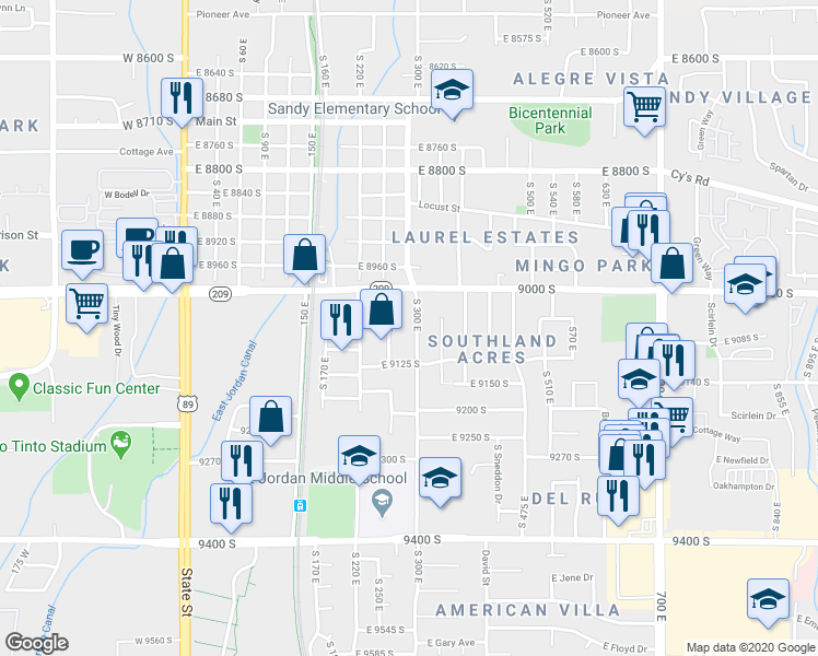 map of restaurants, bars, coffee shops, grocery stores, and more near 9064 S 300 E in Sandy