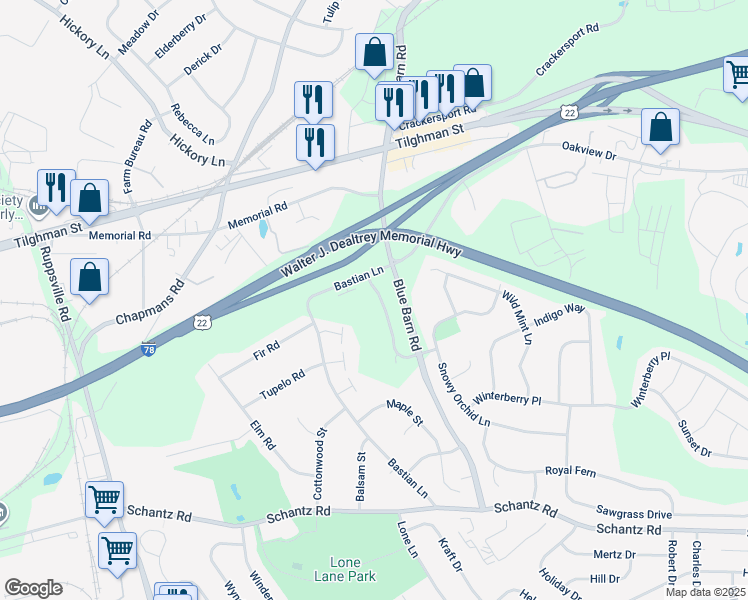 map of restaurants, bars, coffee shops, grocery stores, and more near 417 Barn Swallow Lane in Allentown