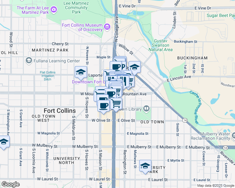 map of restaurants, bars, coffee shops, grocery stores, and more near 115 East Mountain Avenue in Fort Collins