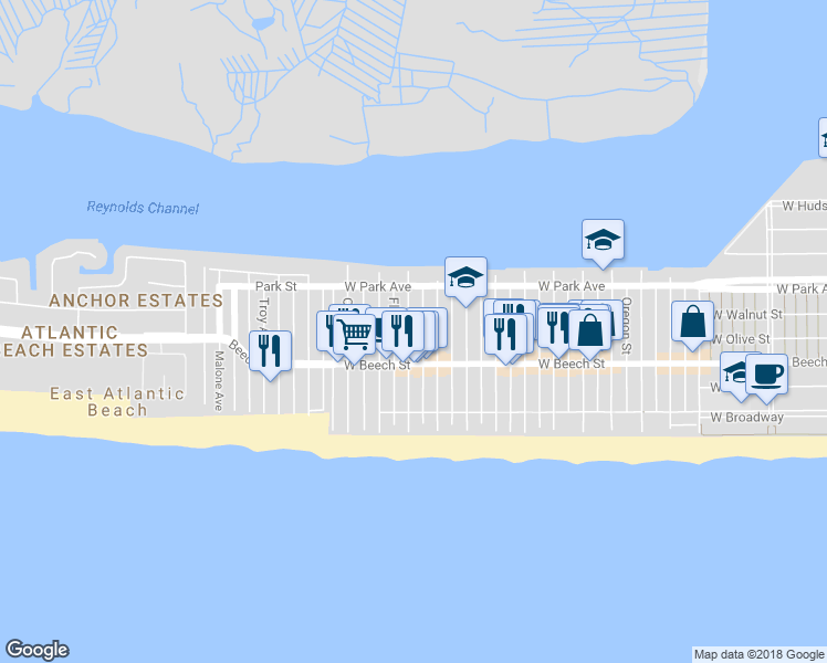 map of restaurants, bars, coffee shops, grocery stores, and more near 76 Georgia Ave in Long Beach