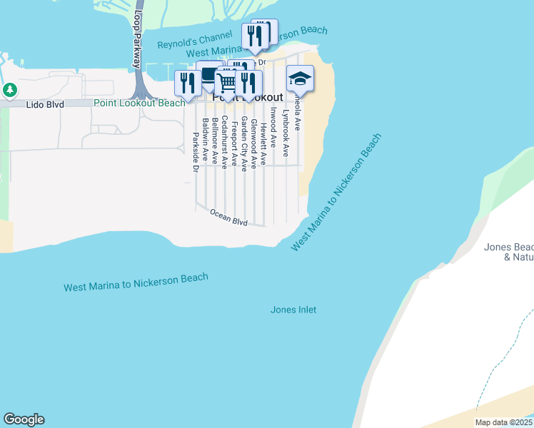 map of restaurants, bars, coffee shops, grocery stores, and more near 140 Hewlett Avenue in Point Lookout