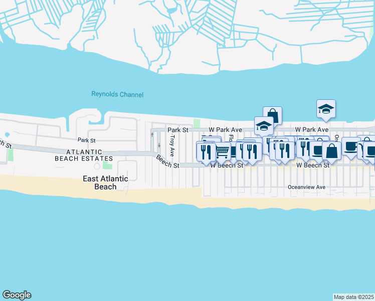 map of restaurants, bars, coffee shops, grocery stores, and more near 74 Rochester Avenue in East Atlantic Beach