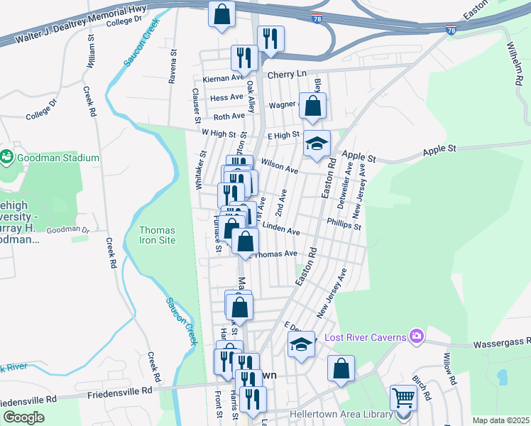 map of restaurants, bars, coffee shops, grocery stores, and more near 1223 1st Avenue in Hellertown