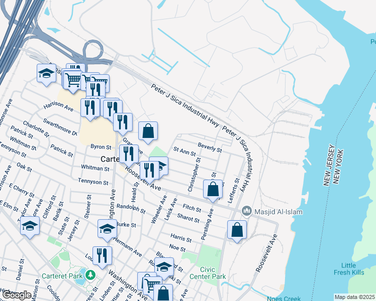 map of restaurants, bars, coffee shops, grocery stores, and more near 28 Saint Ann Street in Carteret