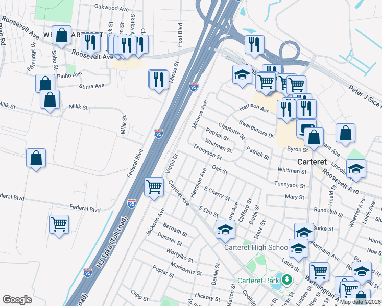map of restaurants, bars, coffee shops, grocery stores, and more near 72 Oak Street in Carteret
