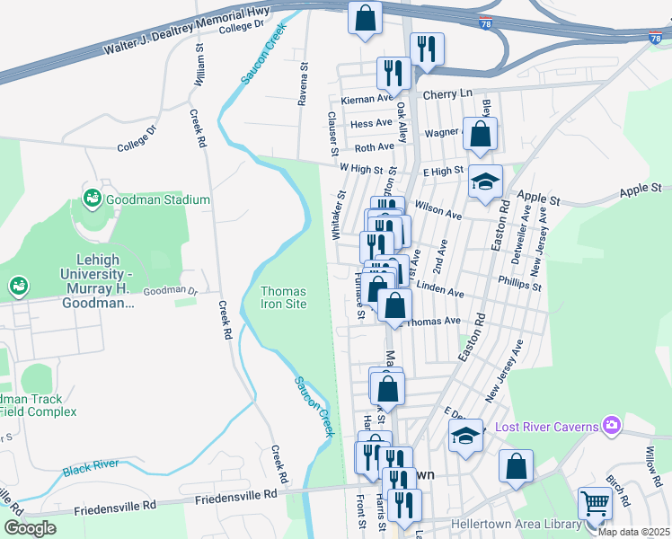 map of restaurants, bars, coffee shops, grocery stores, and more near 1301 Whitaker Street in Hellertown