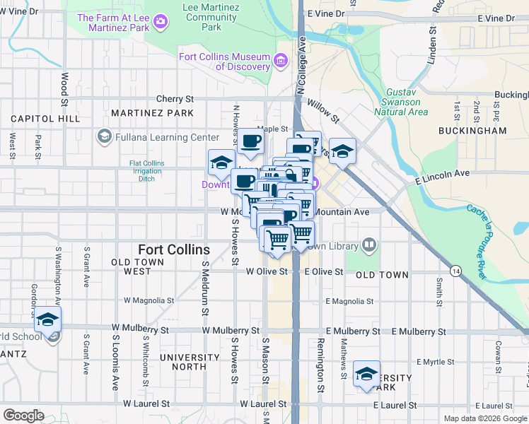 map of restaurants, bars, coffee shops, grocery stores, and more near 10 South Mason Street in Fort Collins