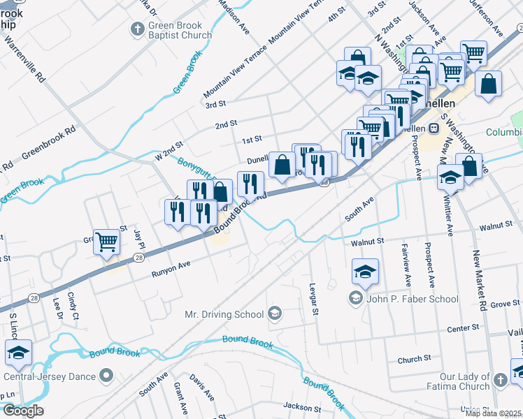 map of restaurants, bars, coffee shops, grocery stores, and more near 733 Bound Brook Road in Dunellen
