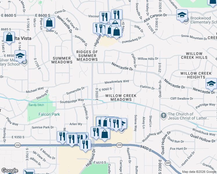 map of restaurants, bars, coffee shops, grocery stores, and more near 2073 East 9060 South in Sandy
