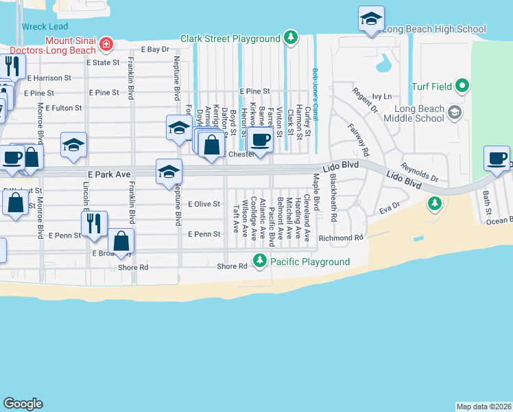 map of restaurants, bars, coffee shops, grocery stores, and more near 134 Wilson Avenue in Long Beach