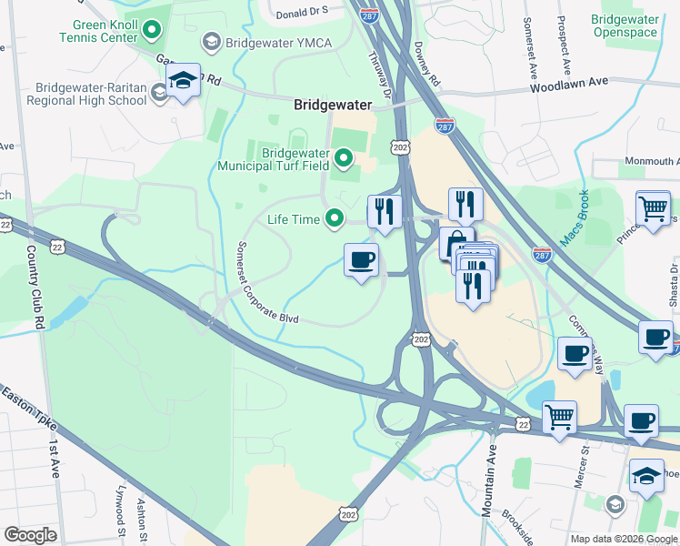 map of restaurants, bars, coffee shops, grocery stores, and more near 100 Somerset Corporate Boulevard in Bridgewater