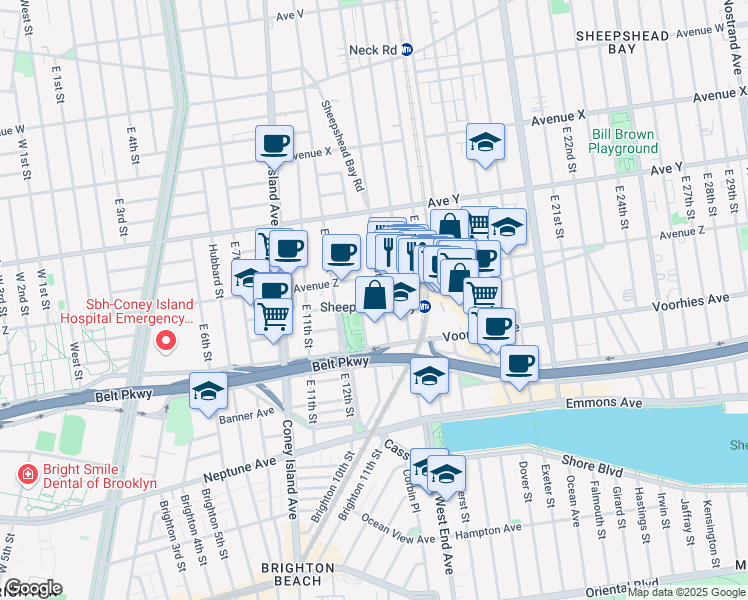 map of restaurants, bars, coffee shops, grocery stores, and more near 2626 East 13th Street in Brooklyn