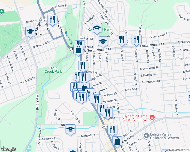 map of restaurants, bars, coffee shops, grocery stores, and more near 1415 South Race Street in Allentown