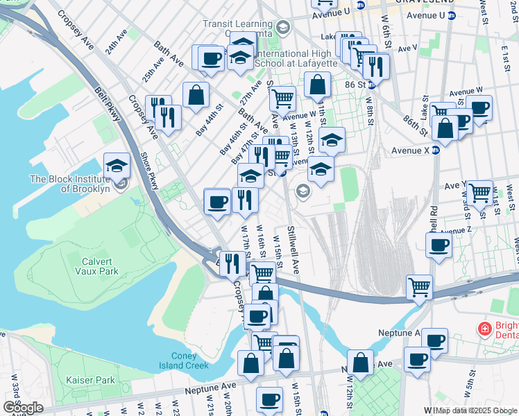 map of restaurants, bars, coffee shops, grocery stores, and more near 2475 West 16th Street in Brooklyn