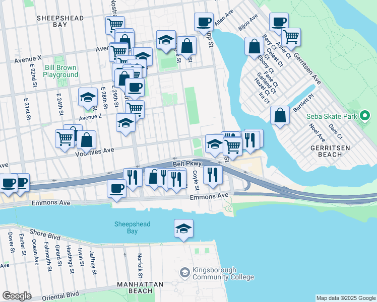 map of restaurants, bars, coffee shops, grocery stores, and more near 2730 Coyle Street in Brooklyn