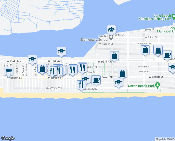 map of restaurants, bars, coffee shops, grocery stores, and more near 14 June Walk in Long Beach