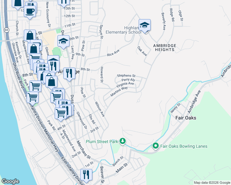 map of restaurants, bars, coffee shops, grocery stores, and more near 469 Martins Way in Ambridge