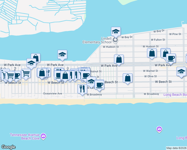 map of restaurants, bars, coffee shops, grocery stores, and more near 14 June Walk in Long Beach