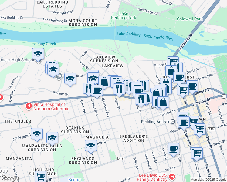 map of restaurants, bars, coffee shops, grocery stores, and more near 2110 Eureka Way in Redding