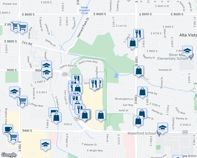 map of restaurants, bars, coffee shops, grocery stores, and more near 9047 Heights Drive in Sandy