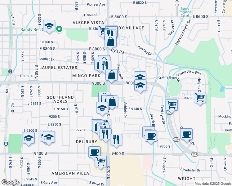 map of restaurants, bars, coffee shops, grocery stores, and more near 9075 South 700 East in Sandy