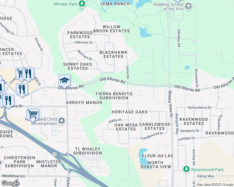 map of restaurants, bars, coffee shops, grocery stores, and more near 2113 Oshea Way in Redding