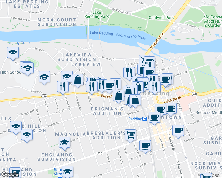 map of restaurants, bars, coffee shops, grocery stores, and more near 1150 North Court Street in Redding