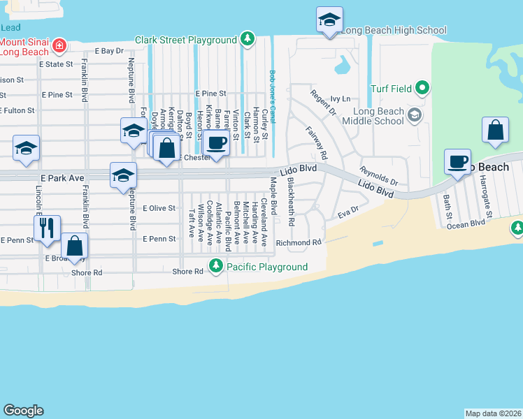 map of restaurants, bars, coffee shops, grocery stores, and more near 135 Harding Avenue in Long Beach