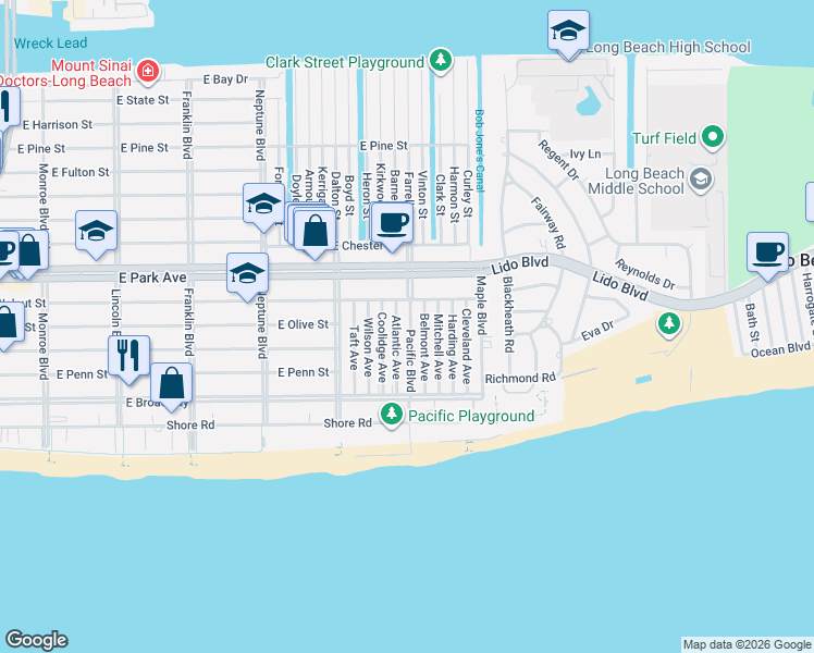map of restaurants, bars, coffee shops, grocery stores, and more near 137 Pacific Boulevard in Long Beach