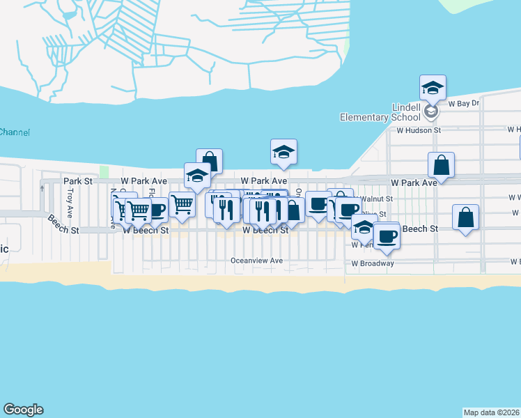 map of restaurants, bars, coffee shops, grocery stores, and more near 75 Wisconsin Street in Long Beach