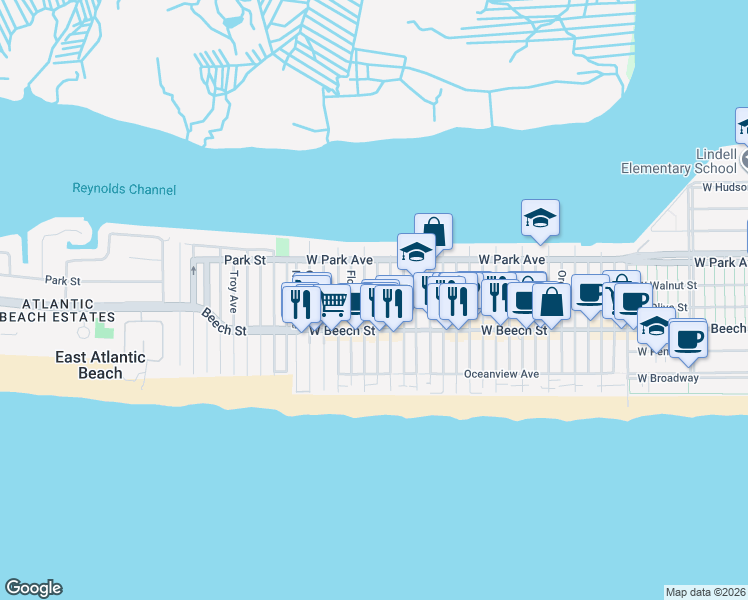 map of restaurants, bars, coffee shops, grocery stores, and more near 78 Georgia Avenue in Long Beach