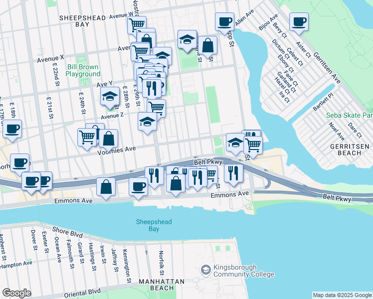 map of restaurants, bars, coffee shops, grocery stores, and more near 2724 Batchelder Street in Brooklyn
