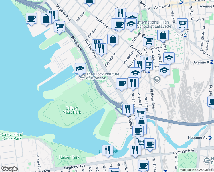 map of restaurants, bars, coffee shops, grocery stores, and more near 2015 Shore Parkway in Brooklyn