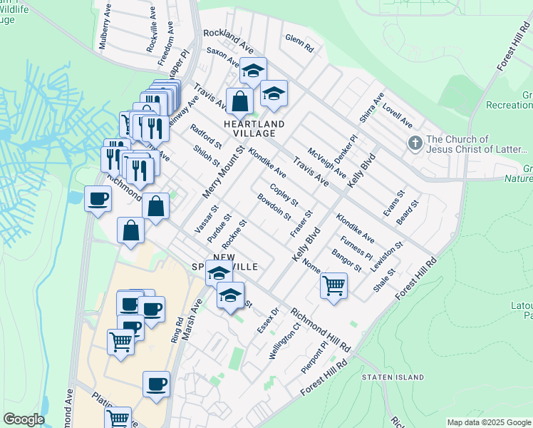 map of restaurants, bars, coffee shops, grocery stores, and more near 27 Rockne Street in Staten Island