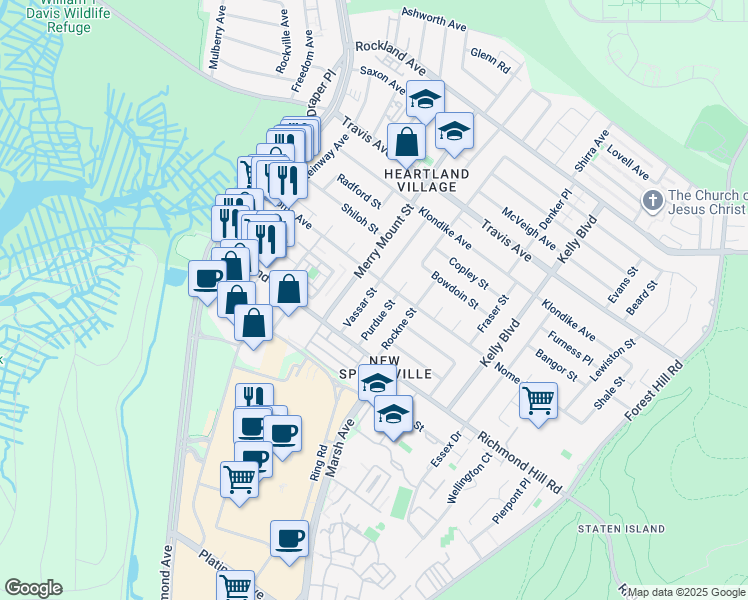 map of restaurants, bars, coffee shops, grocery stores, and more near 148 Vassar Street in Staten Island
