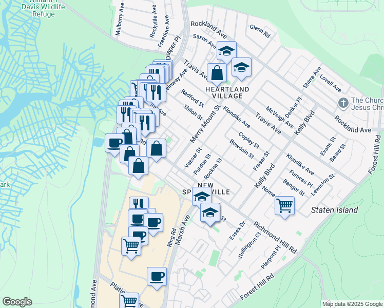 map of restaurants, bars, coffee shops, grocery stores, and more near 148 Vassar Street in Staten Island