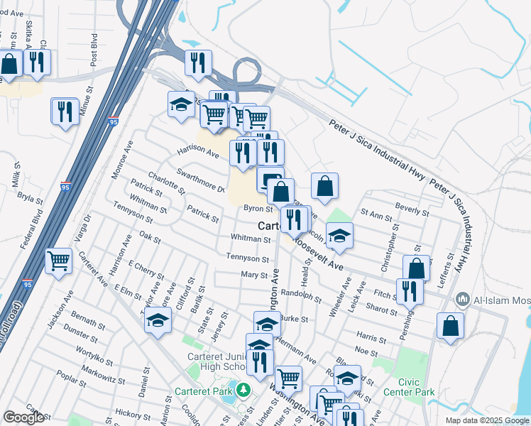 map of restaurants, bars, coffee shops, grocery stores, and more near 13 Byron Street in Carteret