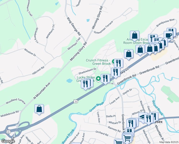 map of restaurants, bars, coffee shops, grocery stores, and more near 1005 Shadowlawn Drive in Green Brook Township