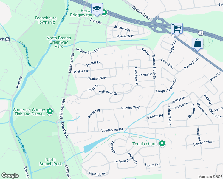 map of restaurants, bars, coffee shops, grocery stores, and more near 1907 Stech Drive in Bridgewater Township