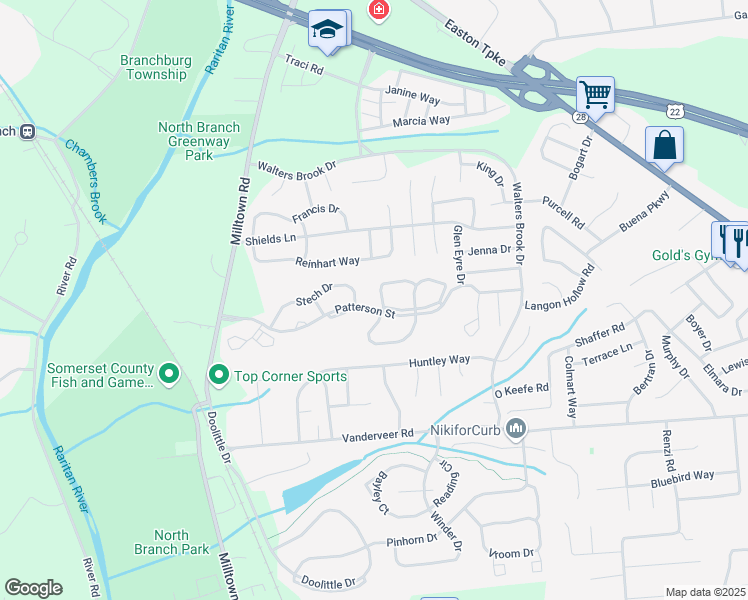 map of restaurants, bars, coffee shops, grocery stores, and more near 1907 Stech Drive in Bridgewater Township