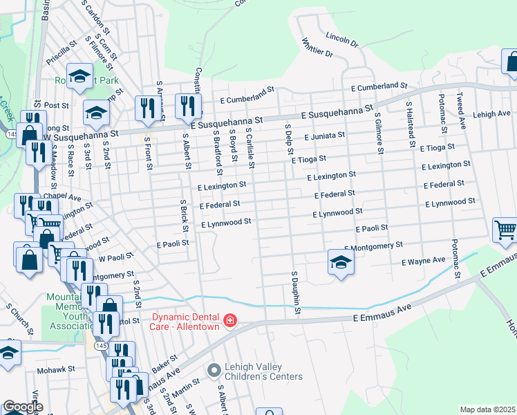 map of restaurants, bars, coffee shops, grocery stores, and more near 322 East Federal Street in Allentown