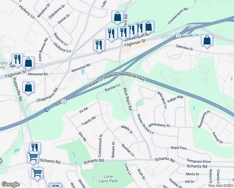 map of restaurants, bars, coffee shops, grocery stores, and more near 417 Barn Swallow Lane in Allentown