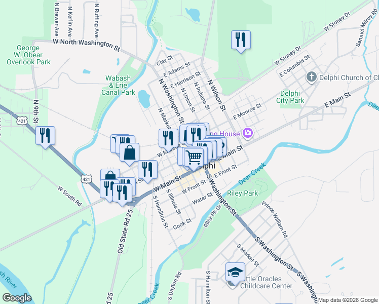 map of restaurants, bars, coffee shops, grocery stores, and more near in Delphi