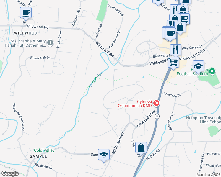 map of restaurants, bars, coffee shops, grocery stores, and more near 2773 Indian Spring Lane in Hampton Township