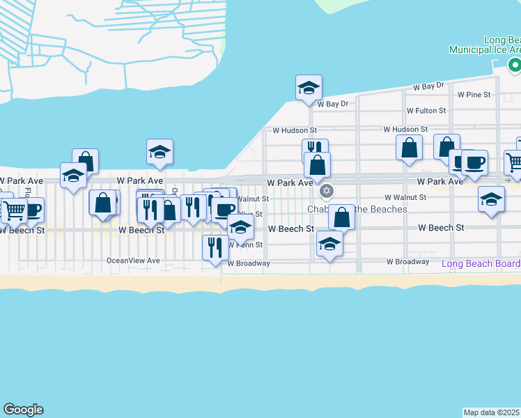 map of restaurants, bars, coffee shops, grocery stores, and more near 255 Grand Blvd in Long Beach