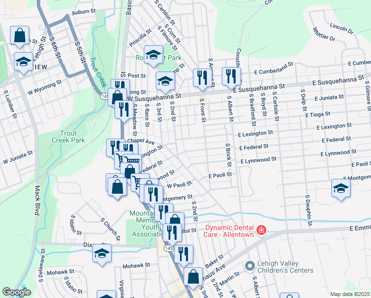 map of restaurants, bars, coffee shops, grocery stores, and more near 141 West Federal Street in Allentown
