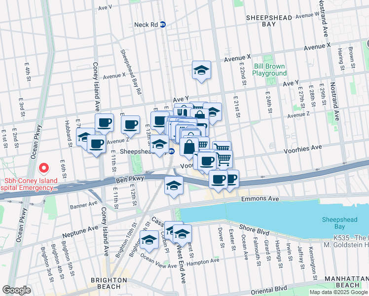 map of restaurants, bars, coffee shops, grocery stores, and more near 1610 Sheepshead Bay Road in Brooklyn